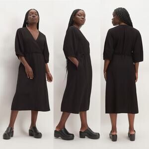 NWOT Everlane The City Stripe Puff Sleeve Black Ribbed Midi Wrap Dress 10
